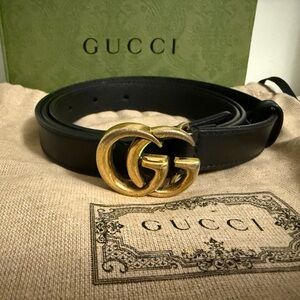GG Marmont thin belt - Gucci Black Belt with Gold GG Buckle size 95